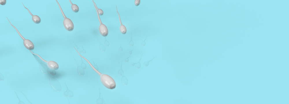 Depiction of sperm swimming in-front of blue background